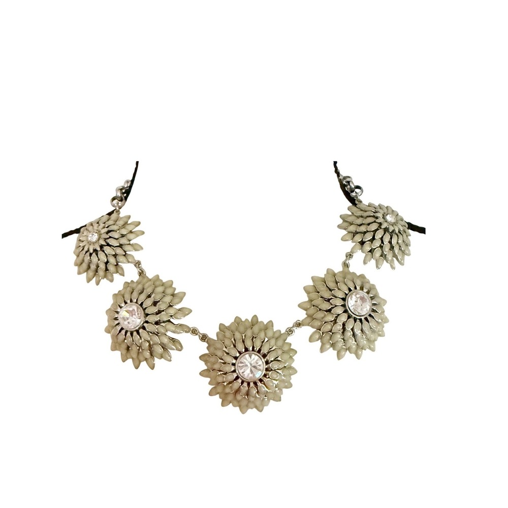 Ann Taylor Statement Necklace Green Droplet Crystal Floral Silver Tone‎
